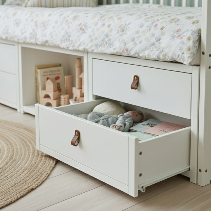 White bed with storage drawers and toys on a wooden floor.