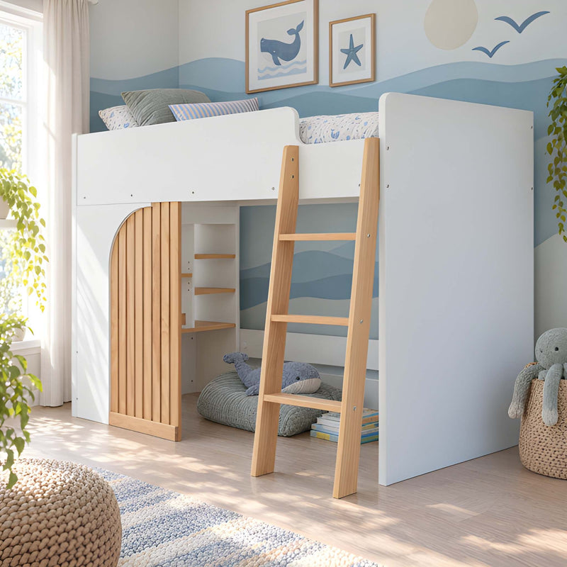 Lumi Midsleeper Cabin Bed with Built in Storage in Classic White & Natural Pine