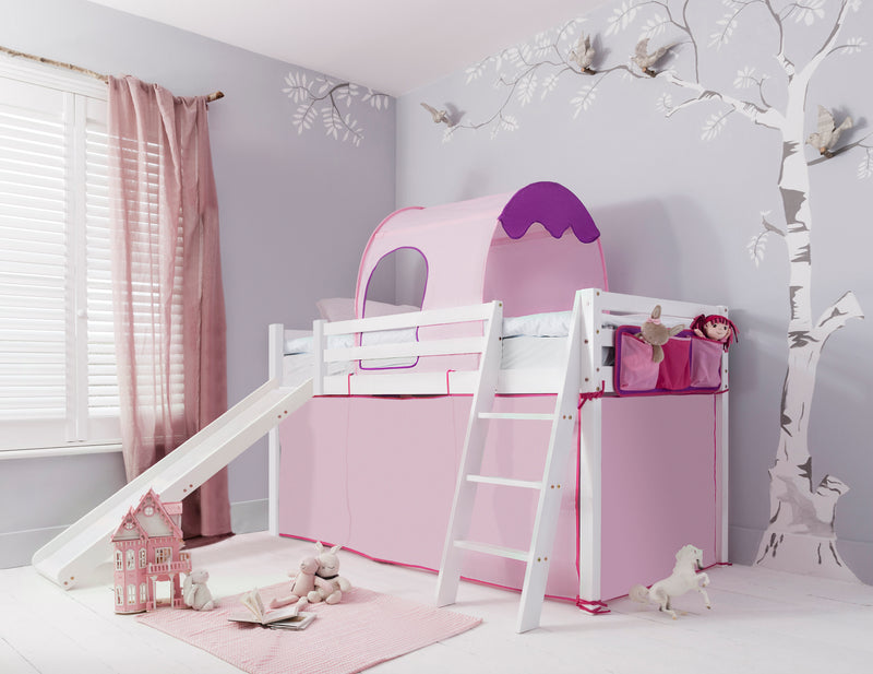 Moro Cabin Bed Midsleeper with Slide & Pink Playtime Package in Classic White