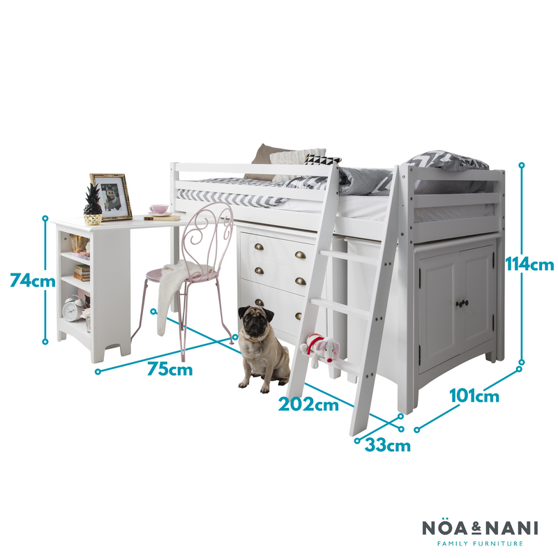 Moro Sleepstation with Chest of Drawers, Cabinet & Desk in Classic White