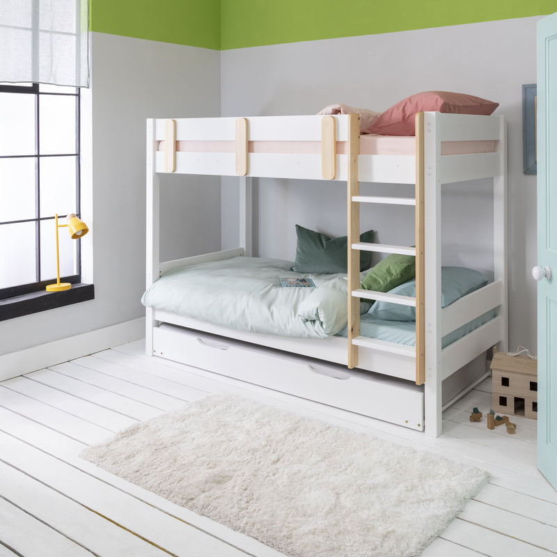 Una Bunk Bed with Spacesaver Pull Out Trundle in Classic White & Natural Pine