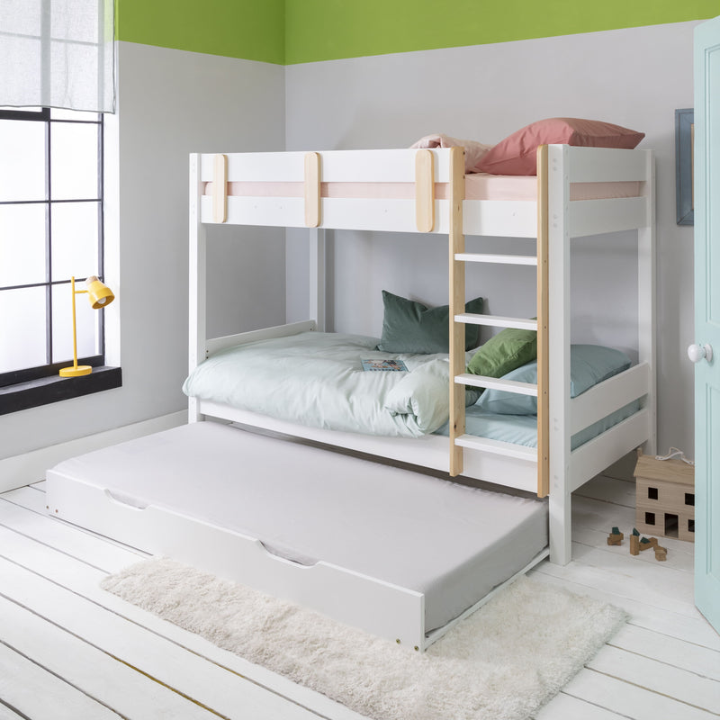 Una Bunk Bed with Spacesaver Pull Out Trundle in Classic White & Natural Pine