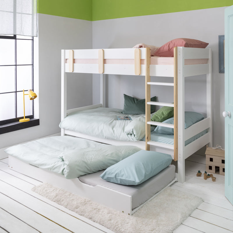 Una Bunk Bed with Spacesaver Pull Out Trundle in Classic White & Natural Pine