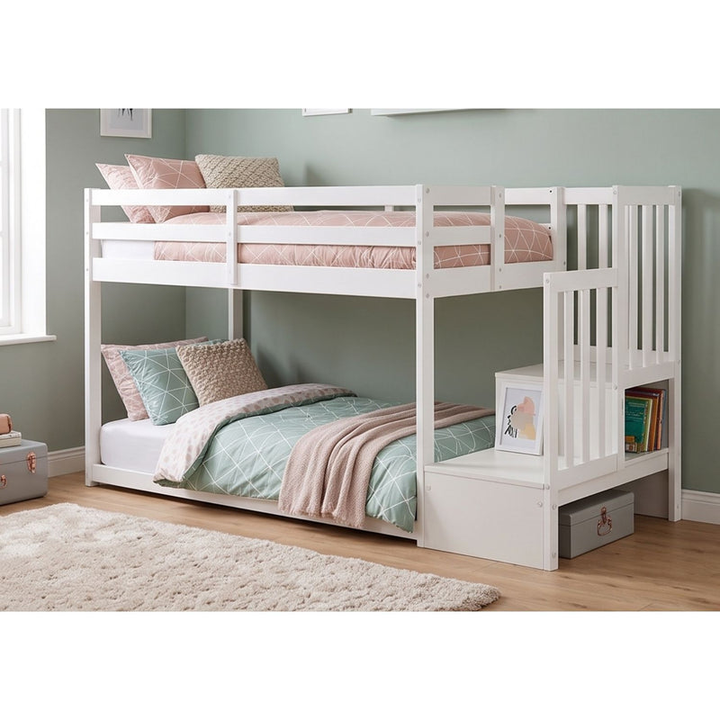 Oleana Shorty Bunk Bed with Spacesaving Storage Staircase in White