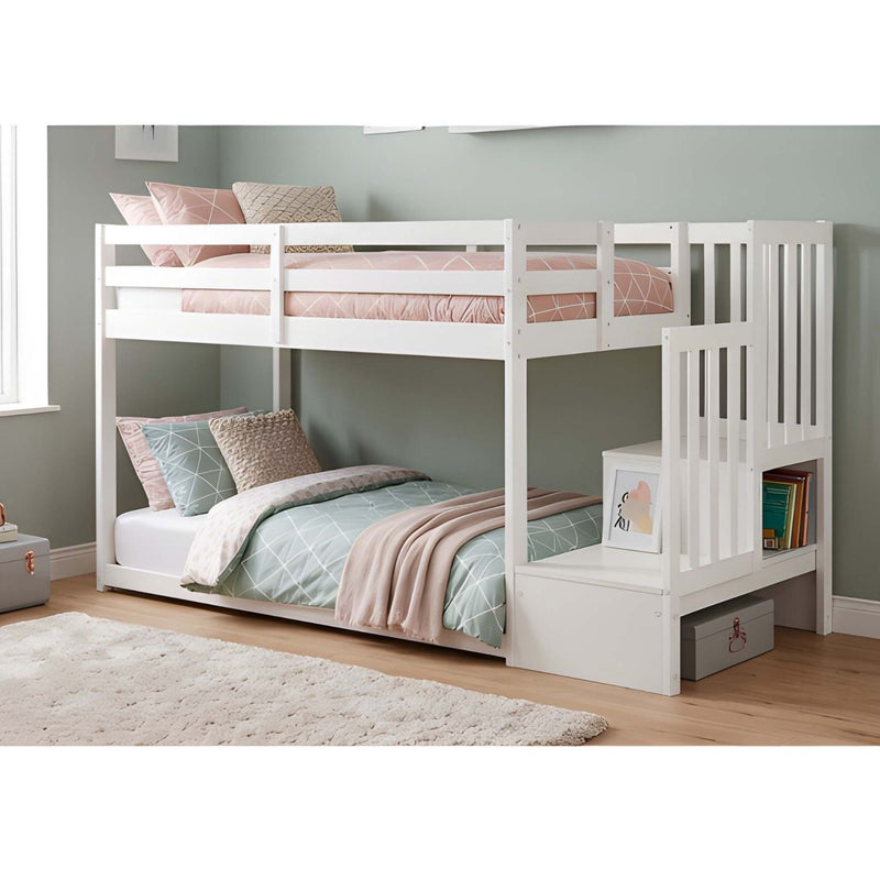 Oleana Shorty Bunk Bed with Spacesaving Storage Staircase in White
