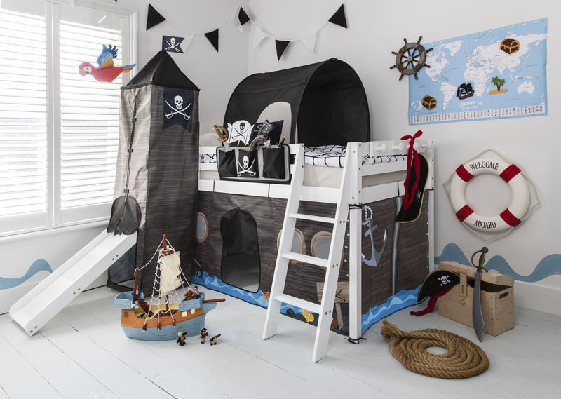 Moro Cabin Bed Midsleeper with Slide & Pirate Hideaway Package in Classic White