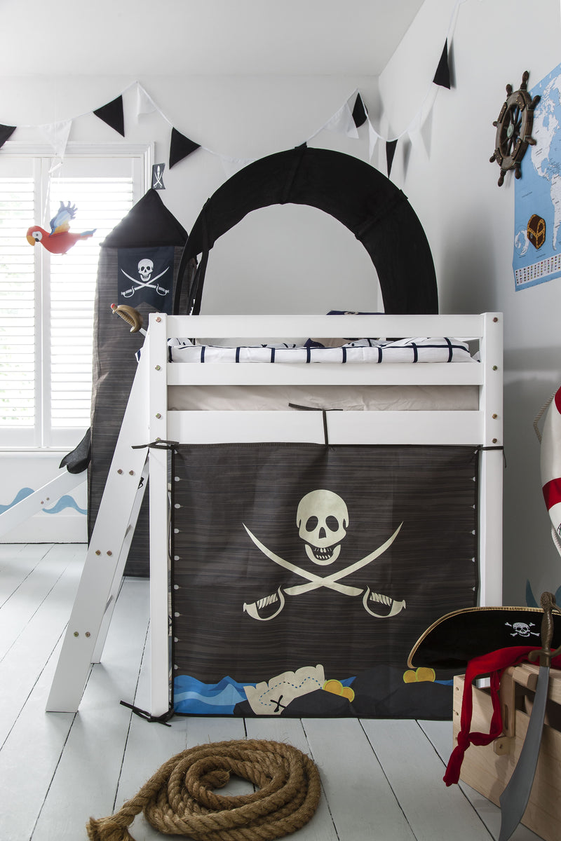 Moro Cabin Bed Midsleeper with Slide & Pirate Hideaway Package in Classic White