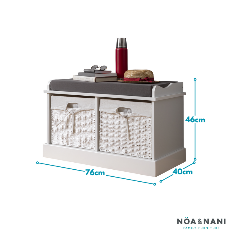 Gray storage bench with wicker baskets and dimensions labeled, featuring the Noa & Nani brand.