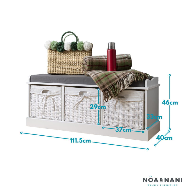 Stockholm Storage Bench with 3 Baskets in Classic White