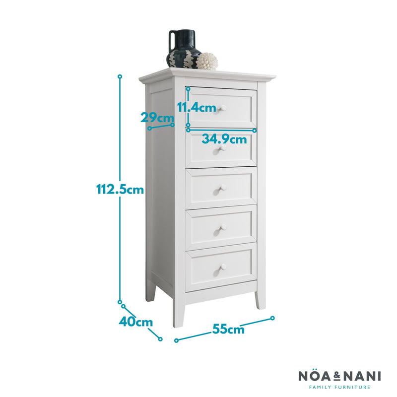 Torsby Chest of Drawers 5 Drawer Tall in Classic White