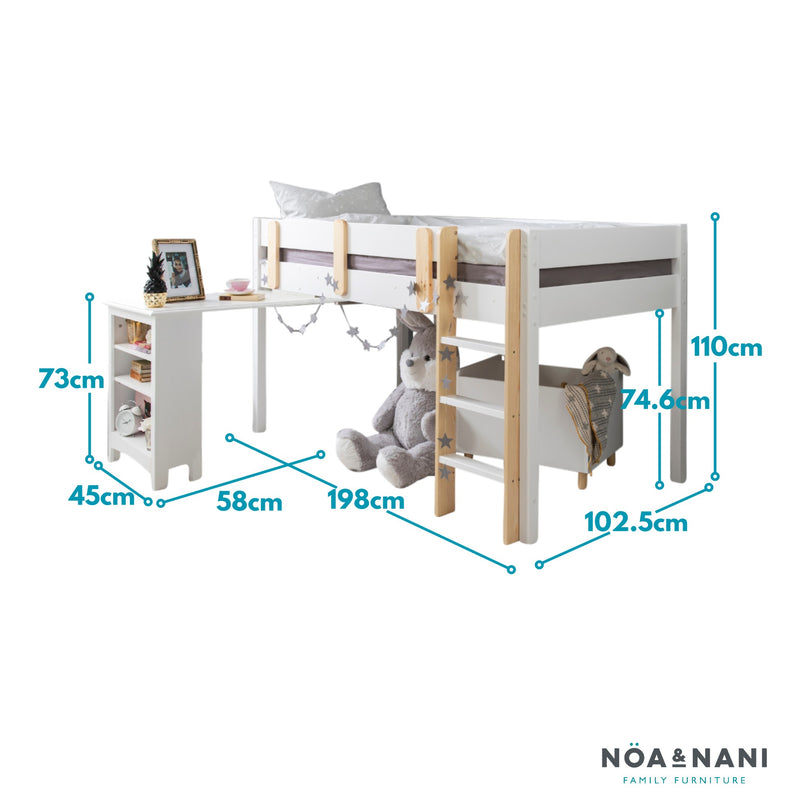 Una Midsleeper Cabin Bed with Moro Desk in Classic White