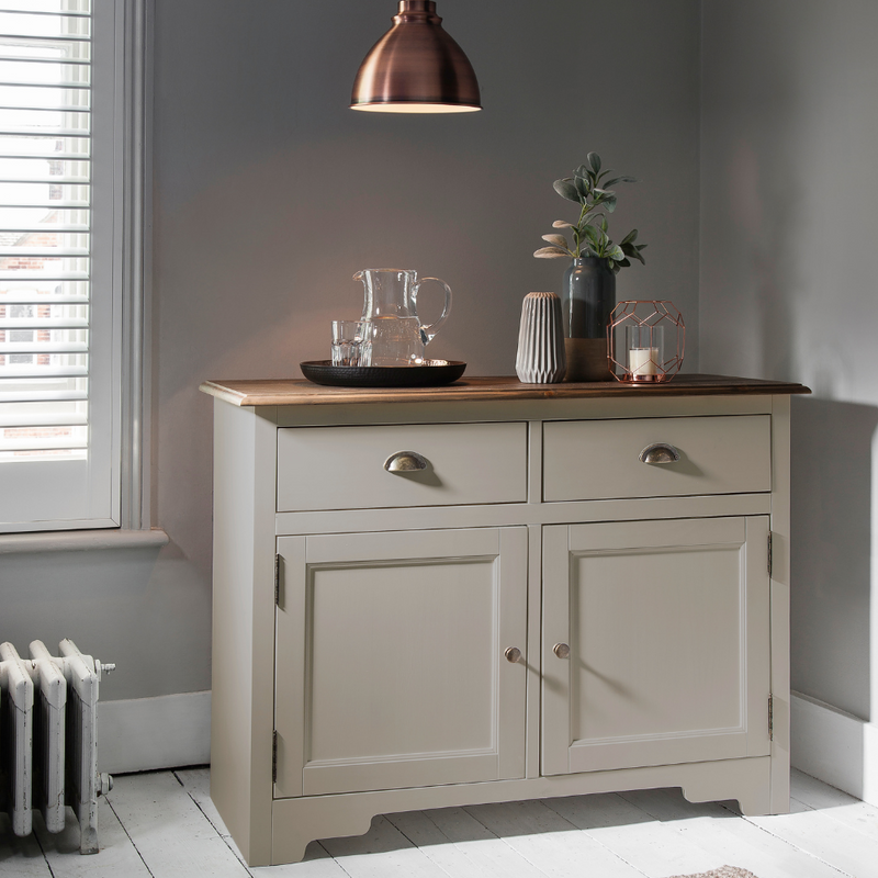 Canterbury Cupboard 2 Drawer Cabinet Finished in Silk Grey and Dark Pine