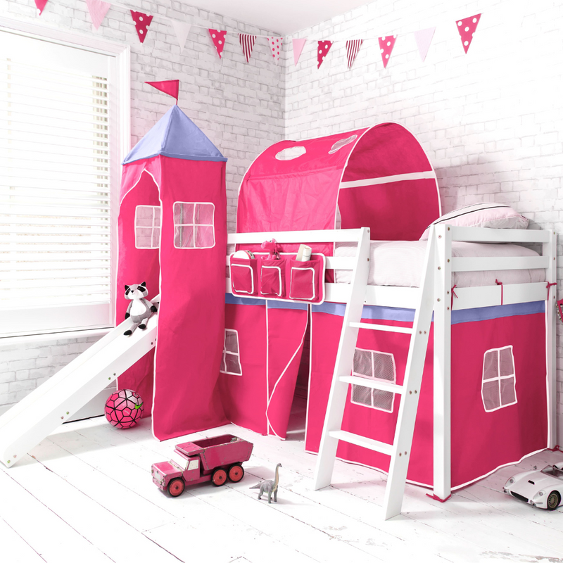 Moro Cabin Bed Midsleeper with Slide & Cotton Pretty Pink Package in Classic White