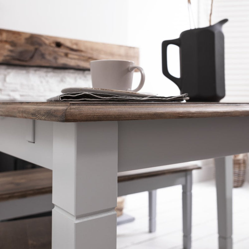 Canterbury 180cm Dining Table with 2 Benches & 2 Extensions in Silk Grey and Dark Pine