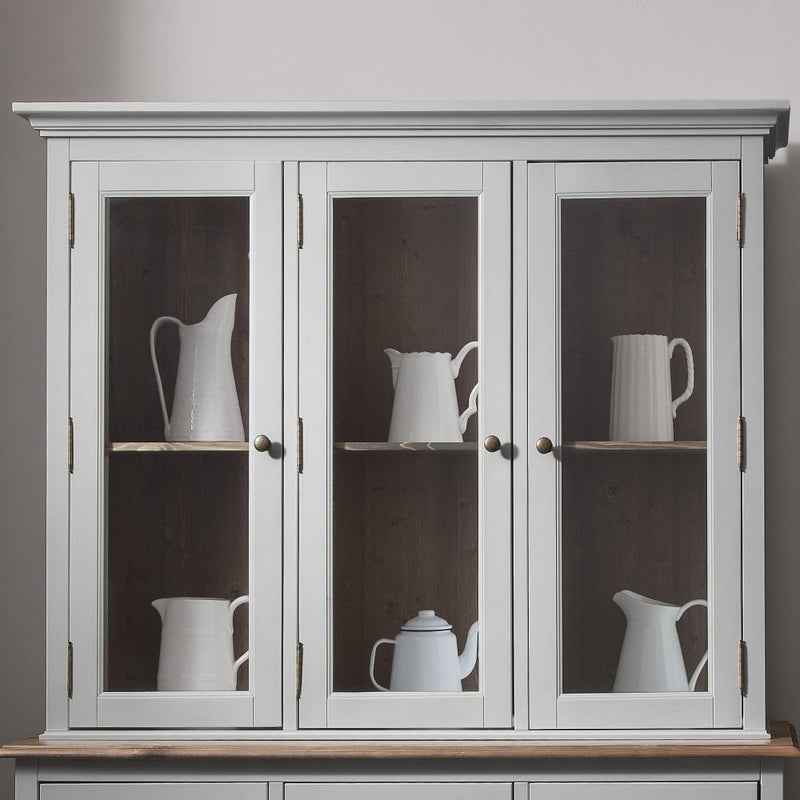 Canterbury Sideboard with Solid Doors and Dresser Top with Glass Doors in Grey and Dark Pine