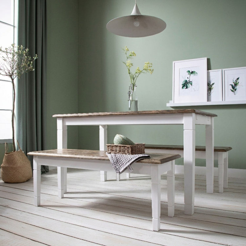 Canterbury Dining Table 140cm and 2 Benches in White & Pine