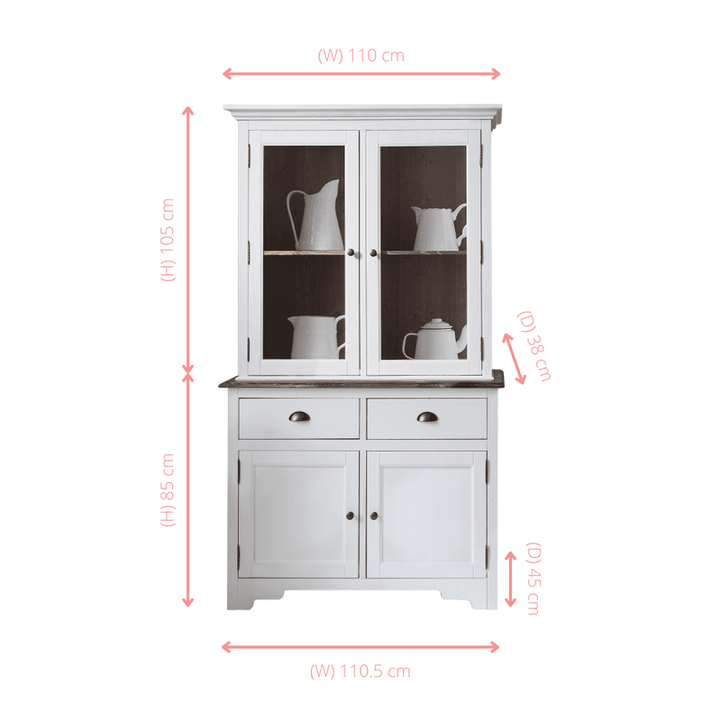 Canterbury Dresser Cabinet with 2 Drawer Glass Doors in White and Dark Pine