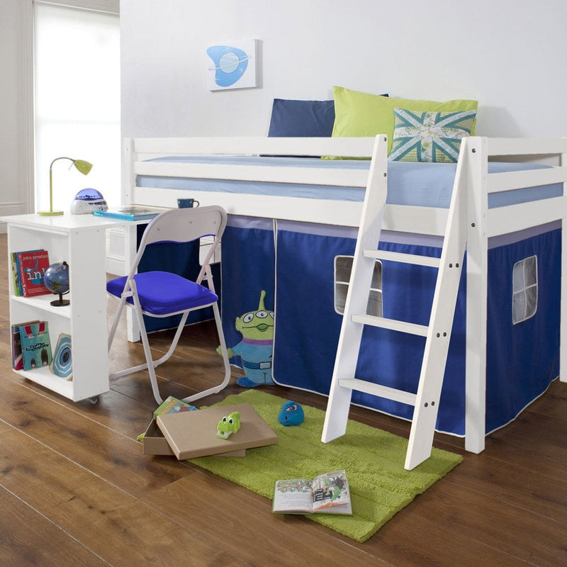 Moro Cabin Bed Midsleeper with Pullout Desk & Brilliant Blue Tent in Classic White