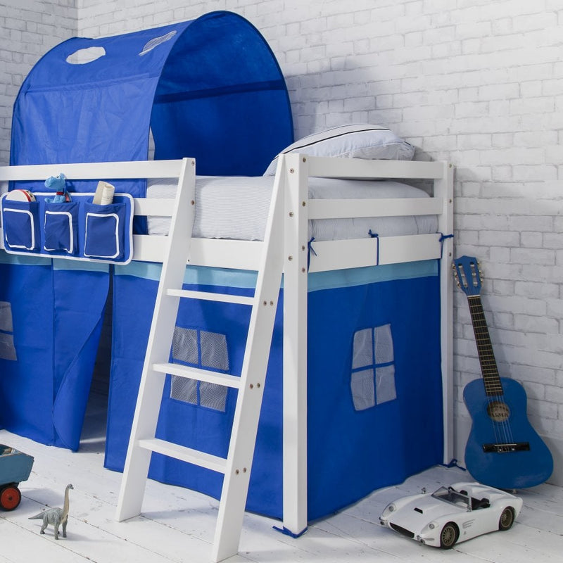 Moro Cabin Bed Midsleeper with Slide & Blue NW Package in Classic White