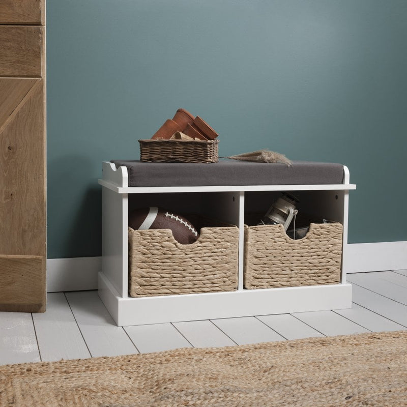 Stockholm Storage Bench with 2 Brown Baskets in Classic White
