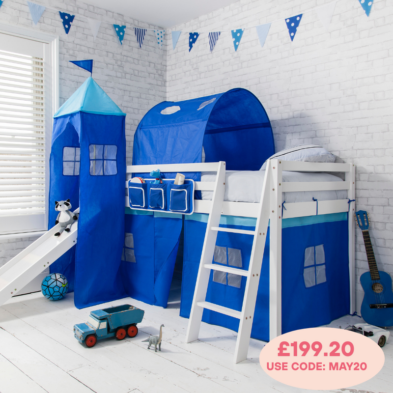 Moro Cabin Bed Midsleeper with Slide & Blue NW Package in Classic White