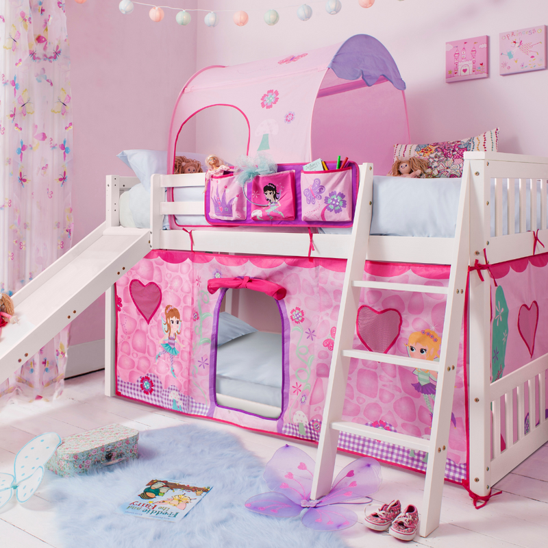Tuva Cabin Bed Low with Bunk Underbed Slide & Fairies Package in Classic White