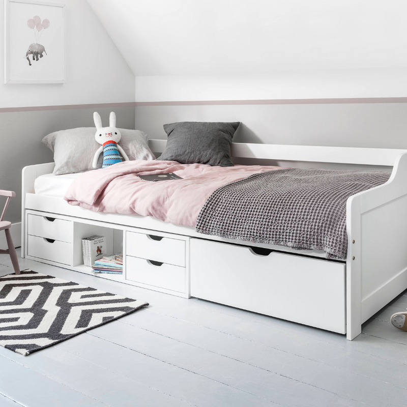 Eva Day Bed with Pull out Drawers and Shelves in Classic White