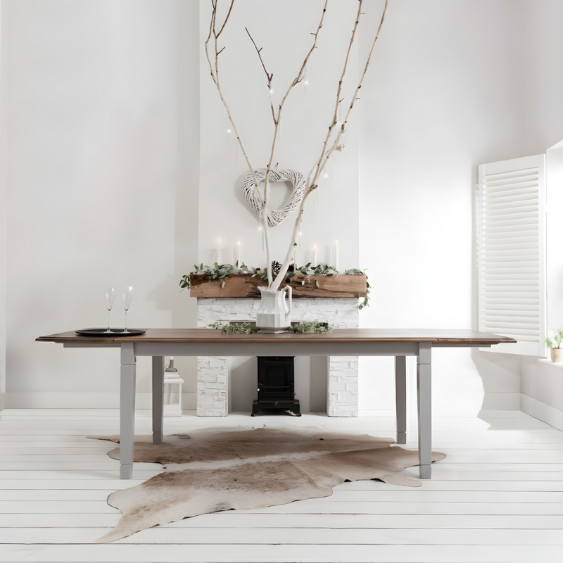 Canterbury 180cm Dining Table with 2 Extensions in Silk Grey and Dark Pine