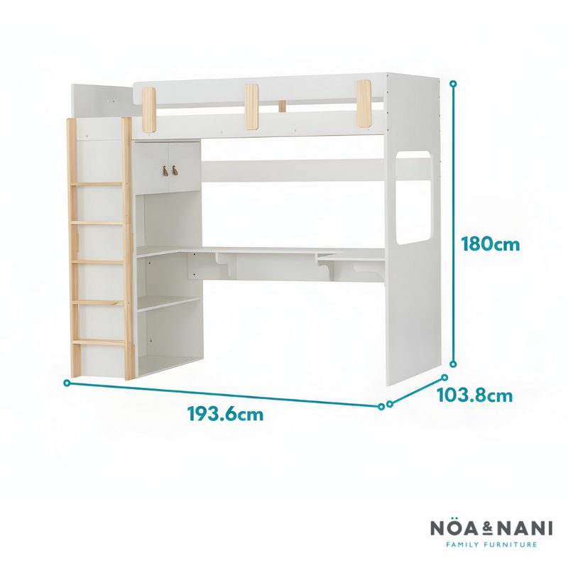 White children's loft bed with wooden accents and dimensions labeled, featuring the Noa & Nani brand.