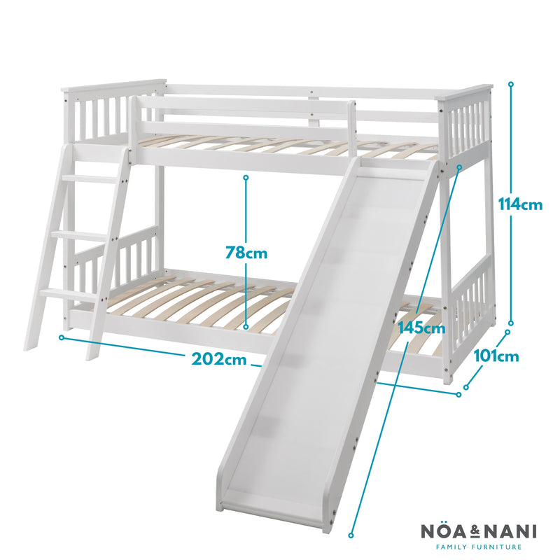 Tuva Cabin Bed Low with Bunk Underbed, Play Area, Slide & Blue Package in Classic White