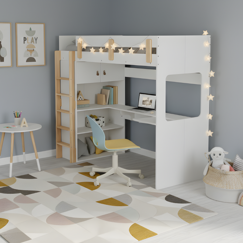 Nells High Sleeper Cabin Bed with Built in Desk and Storage in Classic White