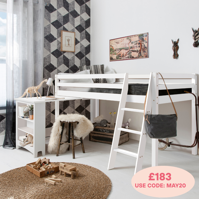 Moro Cabin Bed Midsleeper with Pullout Desk in Classic White