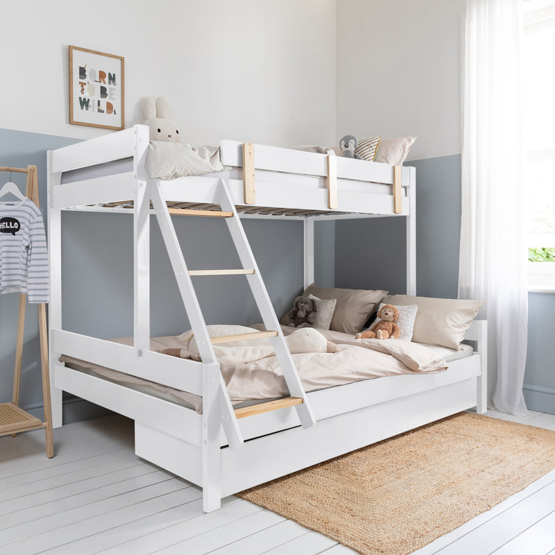 Una Triple Bunk Bed with Single and Double Bed with Flo Trundle in White & Pine