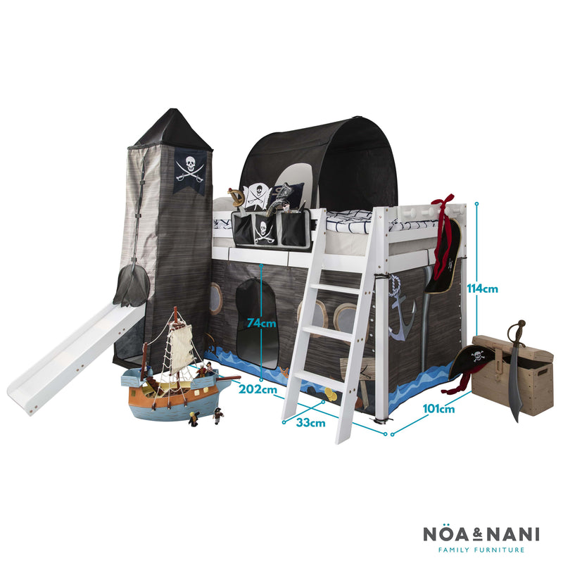 Moro Cabin Bed Midsleeper with Slide & Pirate Hideaway Package in Classic White