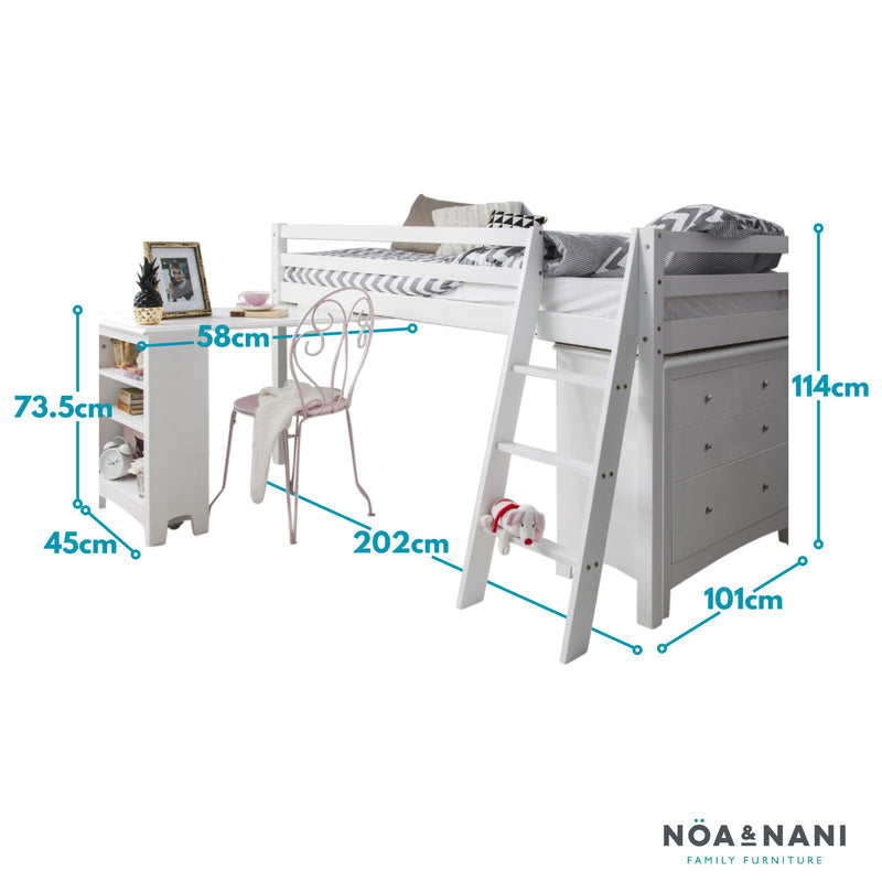 Moro Sleepstation with Chest of Drawers & Desk in Classic White