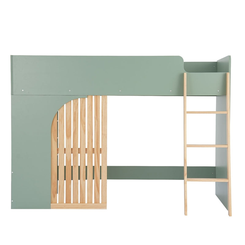 Lumi Midsleeper Cabin Bed with Built in Storage in Sage Green & Natural Pine