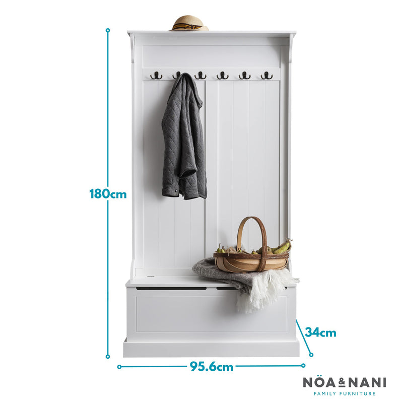 Brittany Hallway Bench and Coat Hook Shoe Storage in Classic White