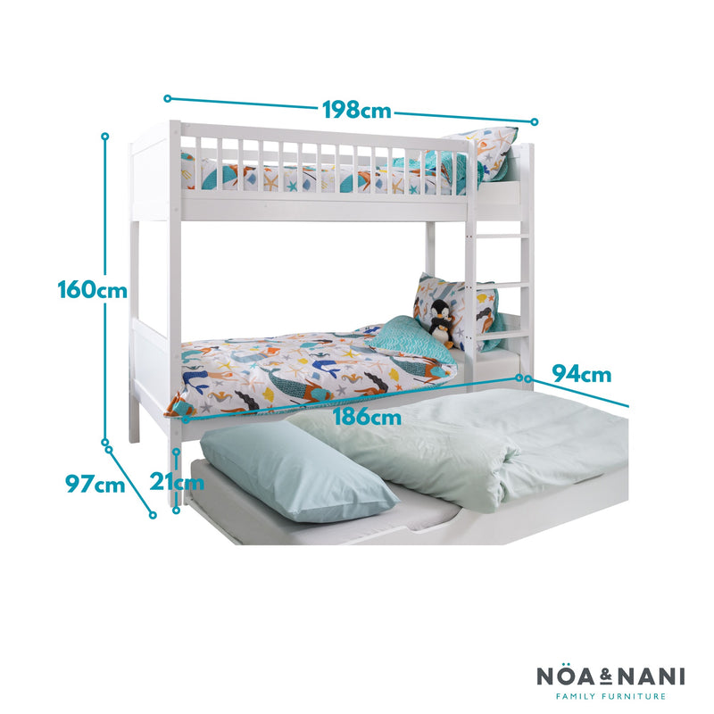 Lottie Bunk Bed Cabin Bed with Straight Ladder & Pullout Trundle in Classic White