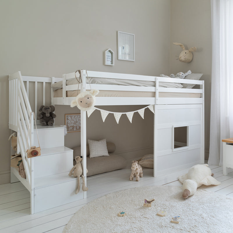Kasja Staircase Midsleeper Cabin Bed with Window in Classic White