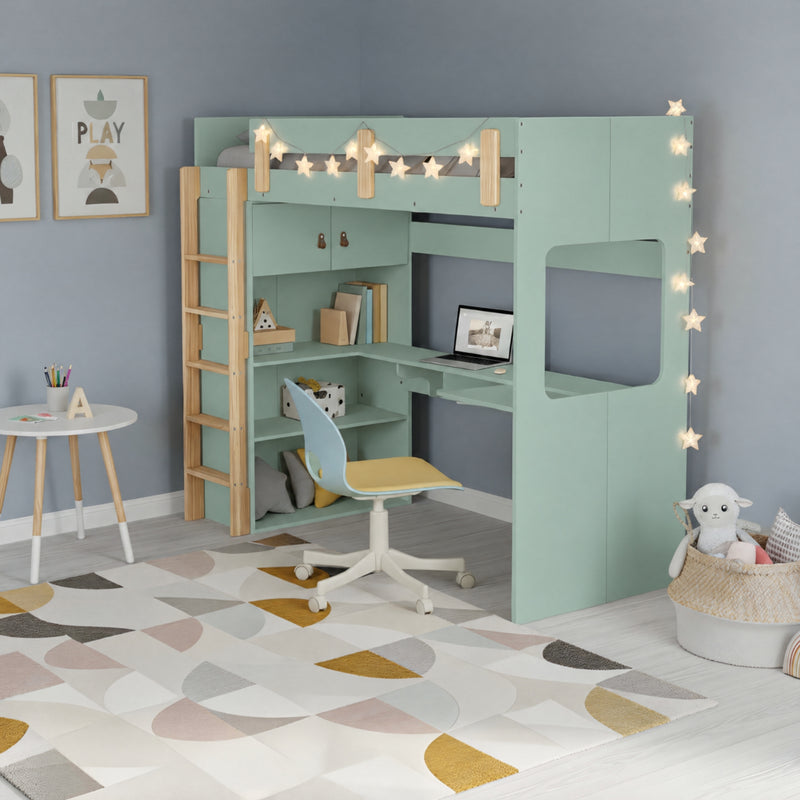 Nells High Sleeper Cabin Bed with Built in Desk and Storage in Sage Green