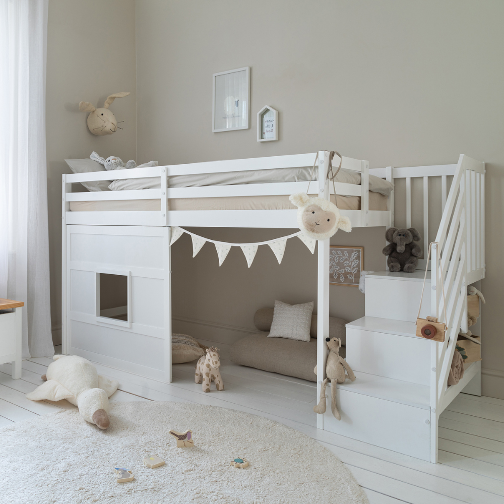 Kasja Staircase Midsleeper Cabin Bed with Window in Classic White