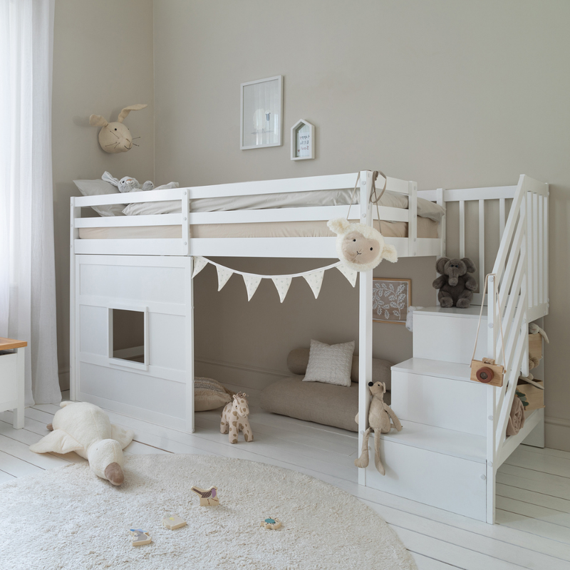 Kasja Staircase Midsleeper Cabin Bed with Window in Classic White