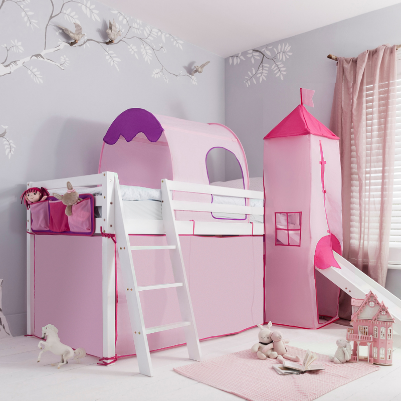 Moro Cabin Bed Midsleeper with Pink Package & Slide in Classic White