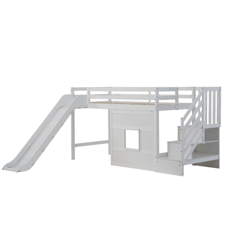 Kasja Staircase Midsleeper Cabin Bed with Window & Slide in Classic White