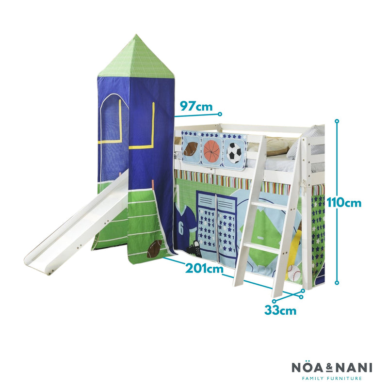 Cabin Bed Midsleeper with Slide and Sports Tent & Tower in White