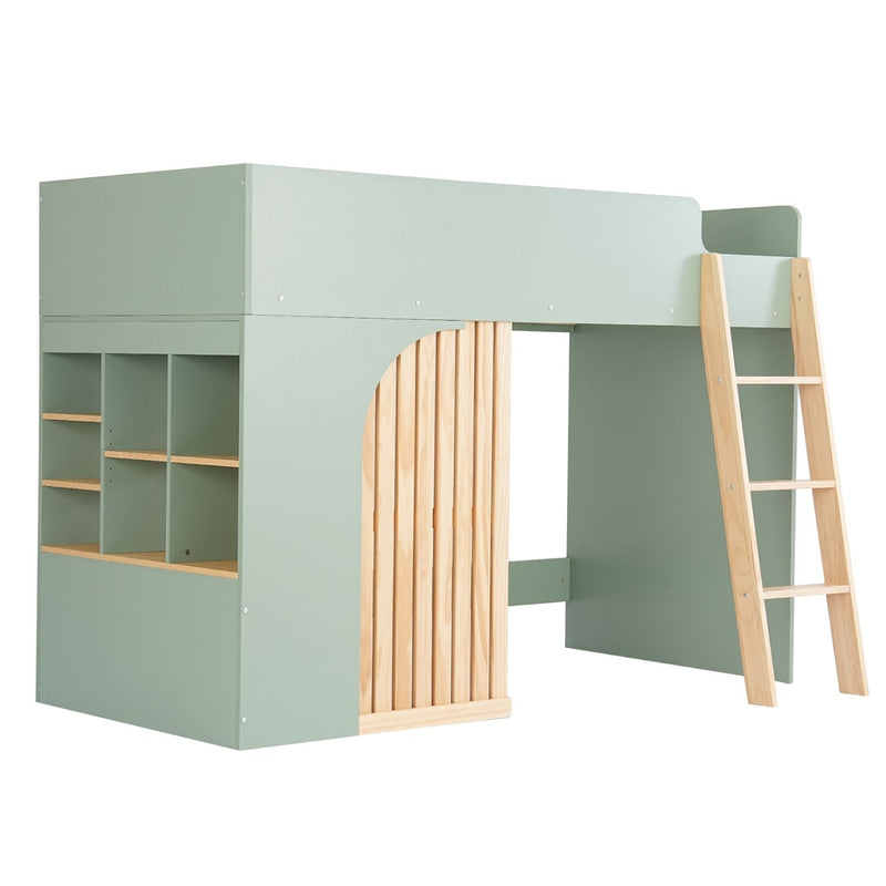 Lumi Midsleeper Cabin Bed with Built in Storage in Sage Green & Natural Pine