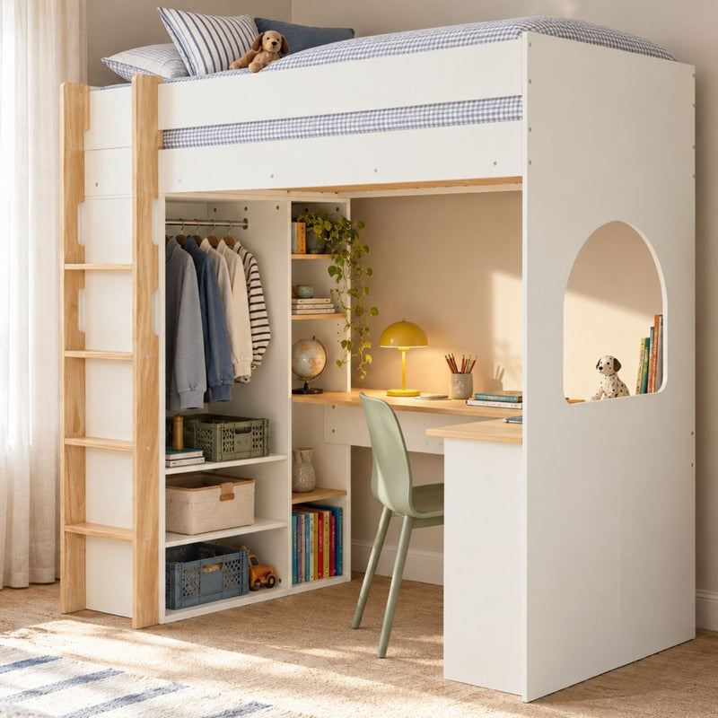 Norah High Sleeper Cabin Bed with Built in Desk & Storage in Classic White