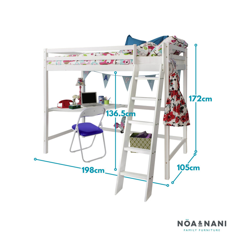 Thomas High Sleeper Cabin Bed with Thom Desk in Classic White