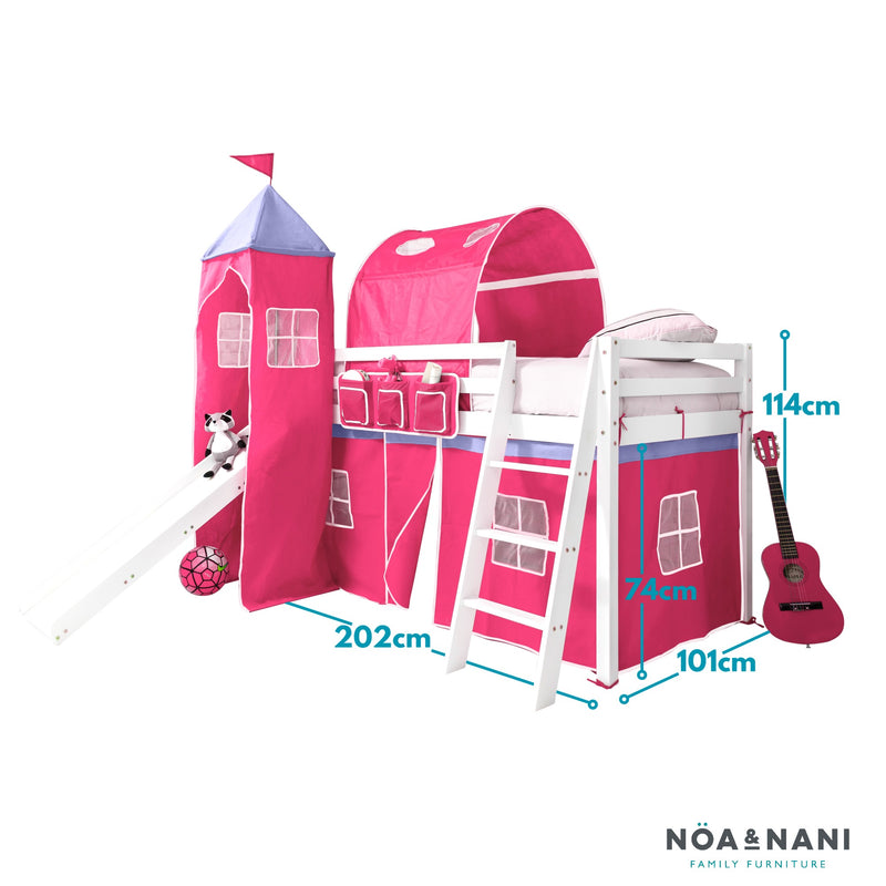 Moro Cabin Bed Midsleeper with Slide & Cotton Pretty Pink Package in Classic White