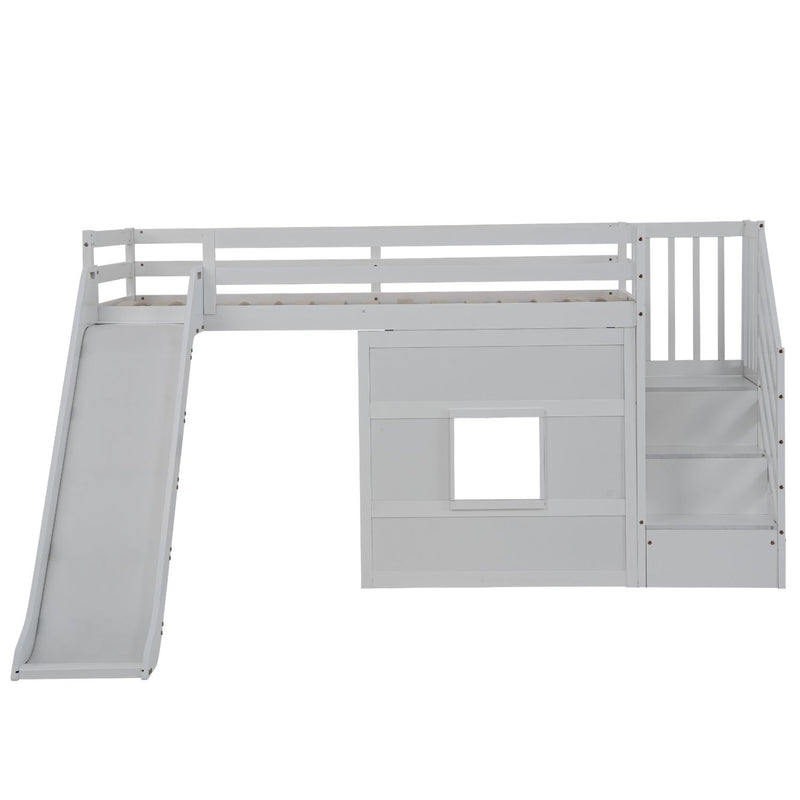 Kasja Staircase Midsleeper Cabin Bed with Window & Slide in Classic White
